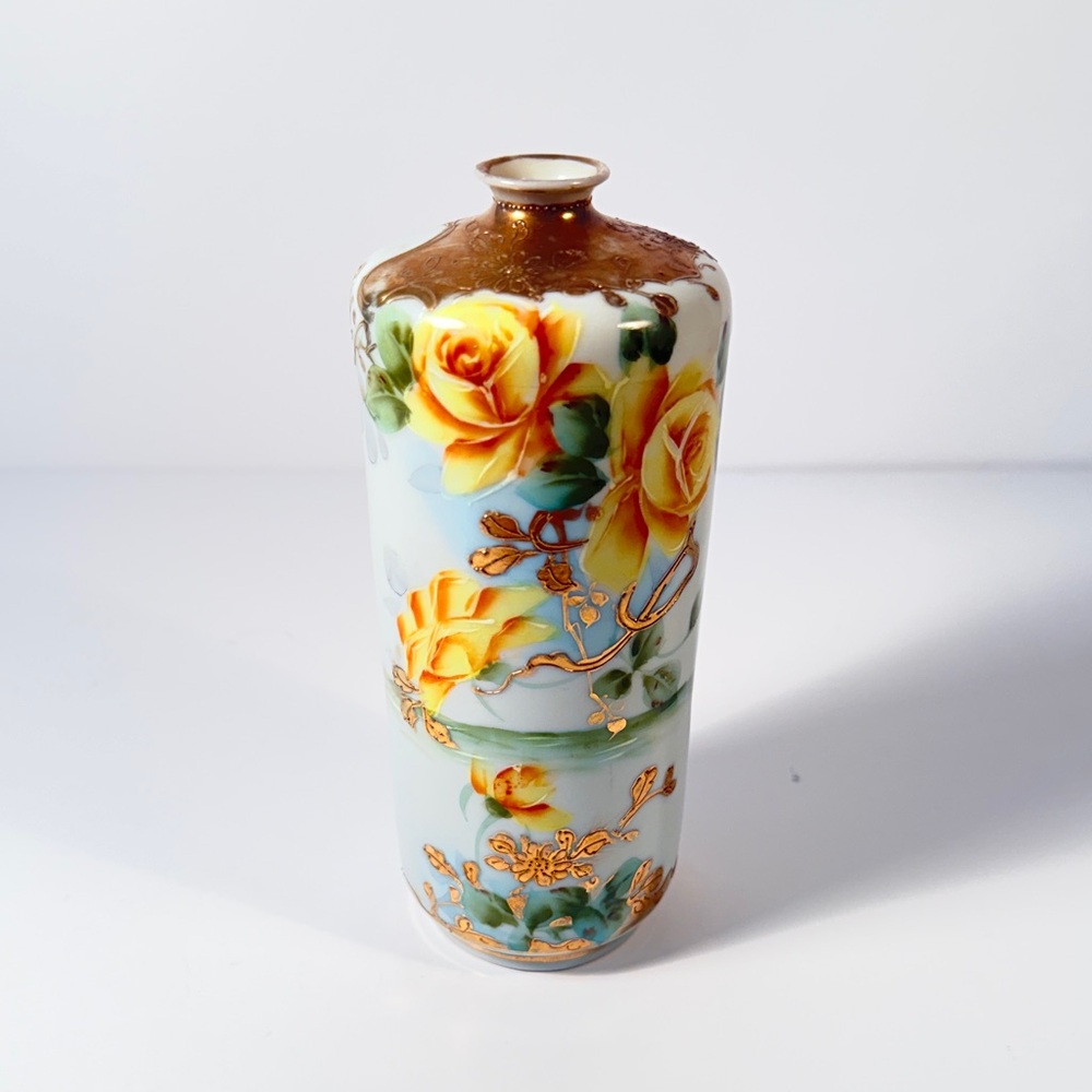 Antique Signed Nippon Moriage Hand Painted Yellow Roses Vase With Wisteria Motif